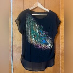 Black bebe blouse, metallic peacock feather design, size S